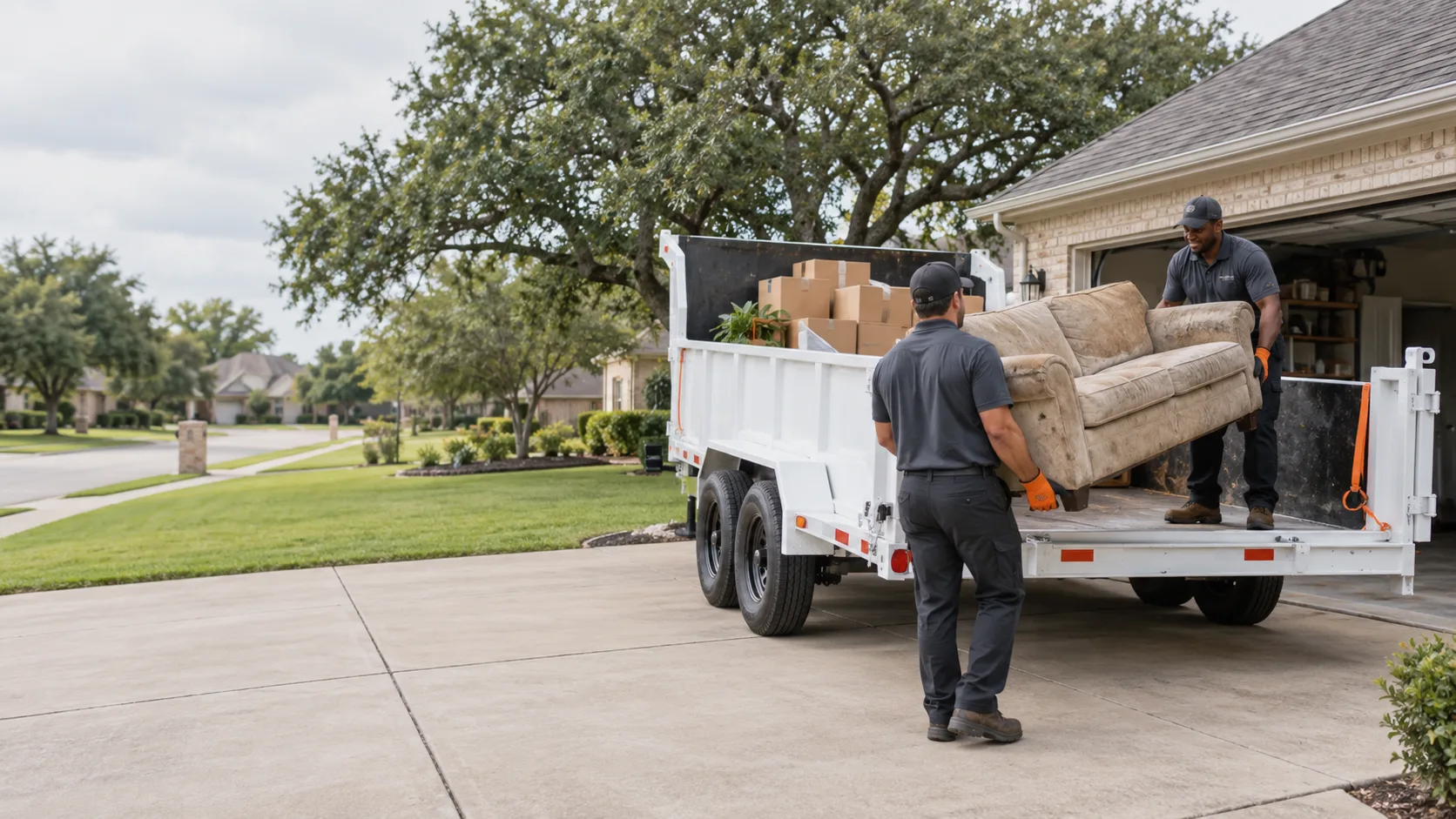 Two uniformed workers loading a sofa into an unbranded dump trailer at a Texas home